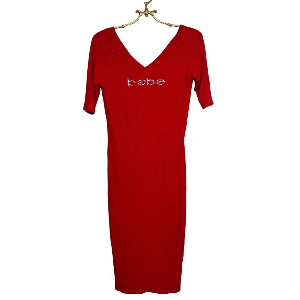 Bebe Red‎ Rhinestone Logo Knit Bodycon Midi Dress